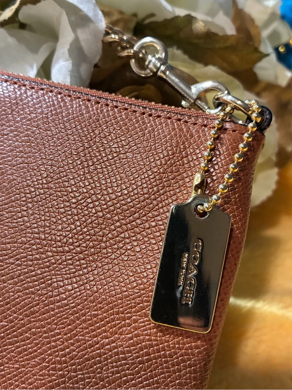Coach Tan Pebbled Leather Crossbody with Gold Chain